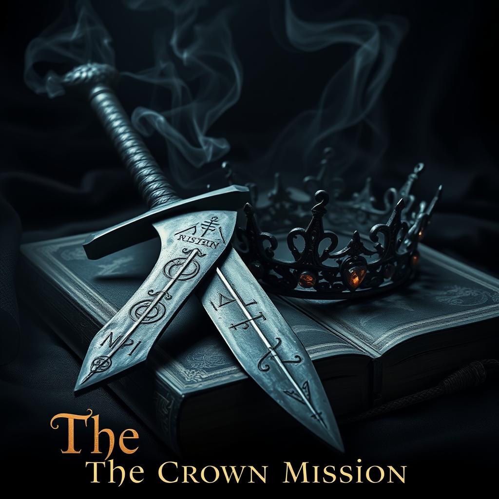 An evocative dark aesthetic artwork featuring a formidable sword with a deeply tarnished blade, inscribed with cryptic symbols, lying beside a shadowy crown crafted from twisted iron