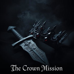 An evocative dark aesthetic artwork featuring a powerful sword with a weathered and darkened blade, intricately etched with ancient runes, lying beside a striking crown made of twisted black iron