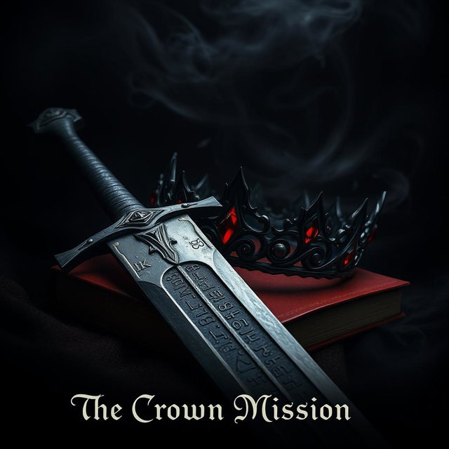 An evocative dark aesthetic artwork featuring a powerful sword with a weathered and darkened blade, intricately etched with ancient runes, lying beside a striking crown made of twisted black iron
