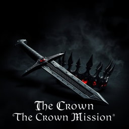 An evocative dark aesthetic artwork featuring a powerful sword with a weathered and darkened blade, intricately etched with ancient runes, lying beside a striking crown made of twisted black iron