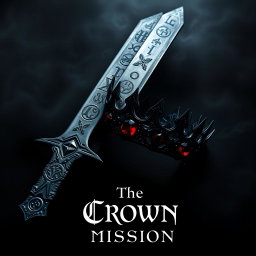 An evocative dark aesthetic artwork featuring a powerful sword with a weathered and darkened blade, intricately etched with ancient runes, lying beside a striking crown made of twisted black iron