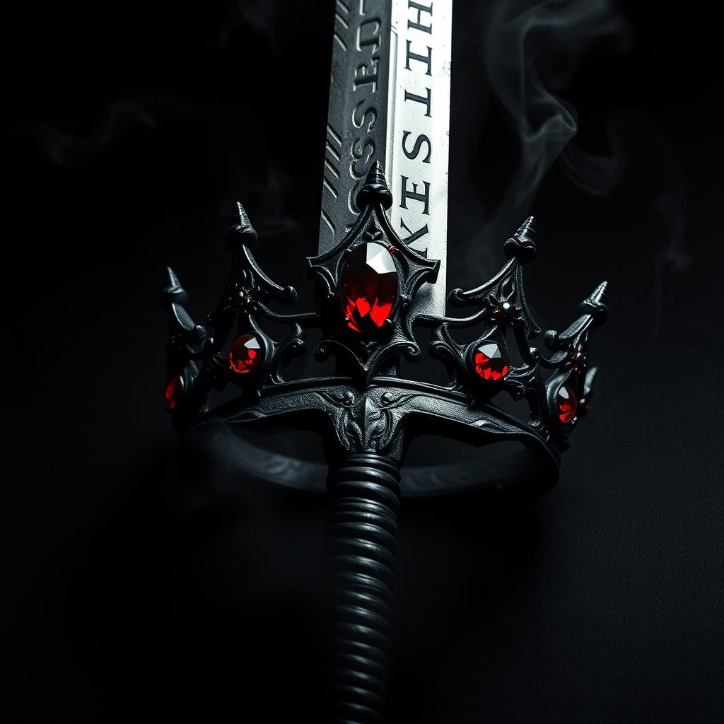 A captivating dark aesthetic artwork featuring a formidable sword with a tarnished blade, intricately inscribed with ancient runes, positioned alongside a striking crown made from twisted black iron