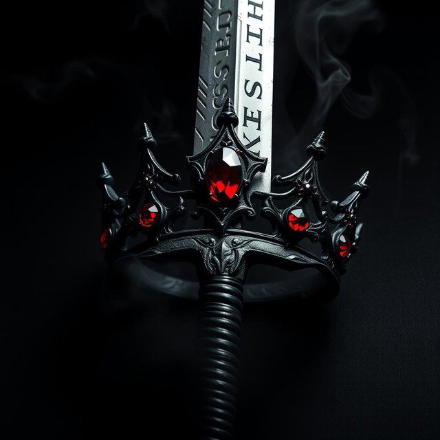 A captivating dark aesthetic artwork featuring a formidable sword with a tarnished blade, intricately inscribed with ancient runes, positioned alongside a striking crown made from twisted black iron