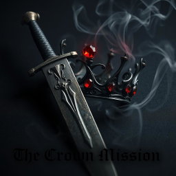 A captivating dark aesthetic artwork featuring a formidable sword with a tarnished blade, intricately inscribed with ancient runes, positioned alongside a striking crown made from twisted black iron