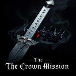 A captivating dark aesthetic artwork featuring a formidable sword with a tarnished blade, intricately inscribed with ancient runes, positioned alongside a striking crown made from twisted black iron