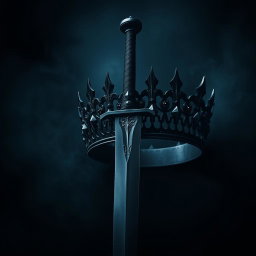 A striking dark theme aesthetic artwork showcasing a powerful sword with a sleek, shadowy blade that gleams menacingly under a dim light, positioned prominently beside a regal crown made of deep, dark metal