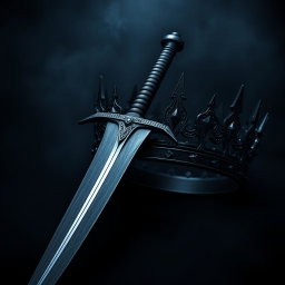 A striking dark theme aesthetic artwork showcasing a powerful sword with a sleek, shadowy blade that gleams menacingly under a dim light, positioned prominently beside a regal crown made of deep, dark metal