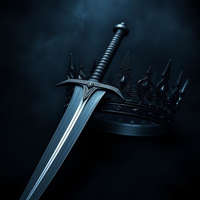 A striking dark theme aesthetic artwork showcasing a powerful sword with a sleek, shadowy blade that gleams menacingly under a dim light, positioned prominently beside a regal crown made of deep, dark metal