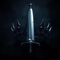 A striking dark theme aesthetic artwork showcasing a powerful sword with a sleek, shadowy blade that gleams menacingly under a dim light, positioned prominently beside a regal crown made of deep, dark metal