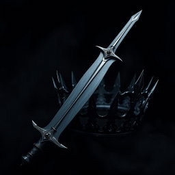 A striking dark theme aesthetic artwork showcasing a powerful sword with a sleek, shadowy blade that gleams menacingly under a dim light, positioned prominently beside a regal crown made of deep, dark metal