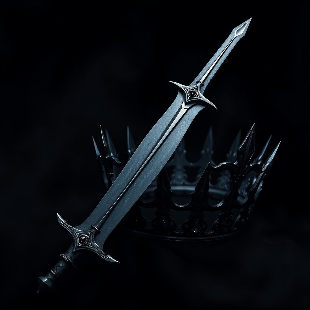 A striking dark theme aesthetic artwork showcasing a powerful sword with a sleek, shadowy blade that gleams menacingly under a dim light, positioned prominently beside a regal crown made of deep, dark metal