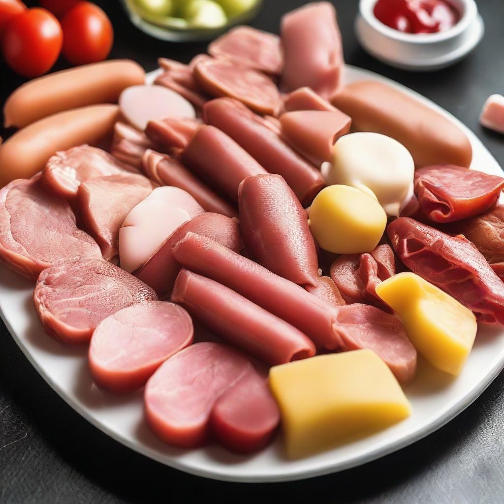 Assorted finger food platter containing mini portions of meat, chicken, and bologna delicacies