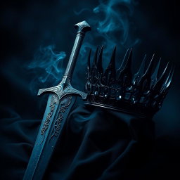 A visually striking dark theme aesthetic artwork featuring a majestic sword with a beautifully crafted blade, adorned with intricate patterns that glint subtly in low light