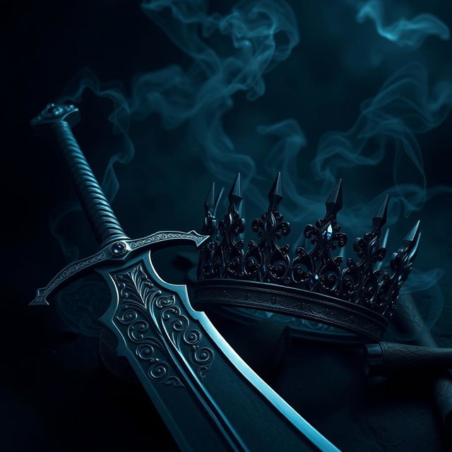 A visually striking dark theme aesthetic artwork featuring a majestic sword with a beautifully crafted blade, adorned with intricate patterns that glint subtly in low light