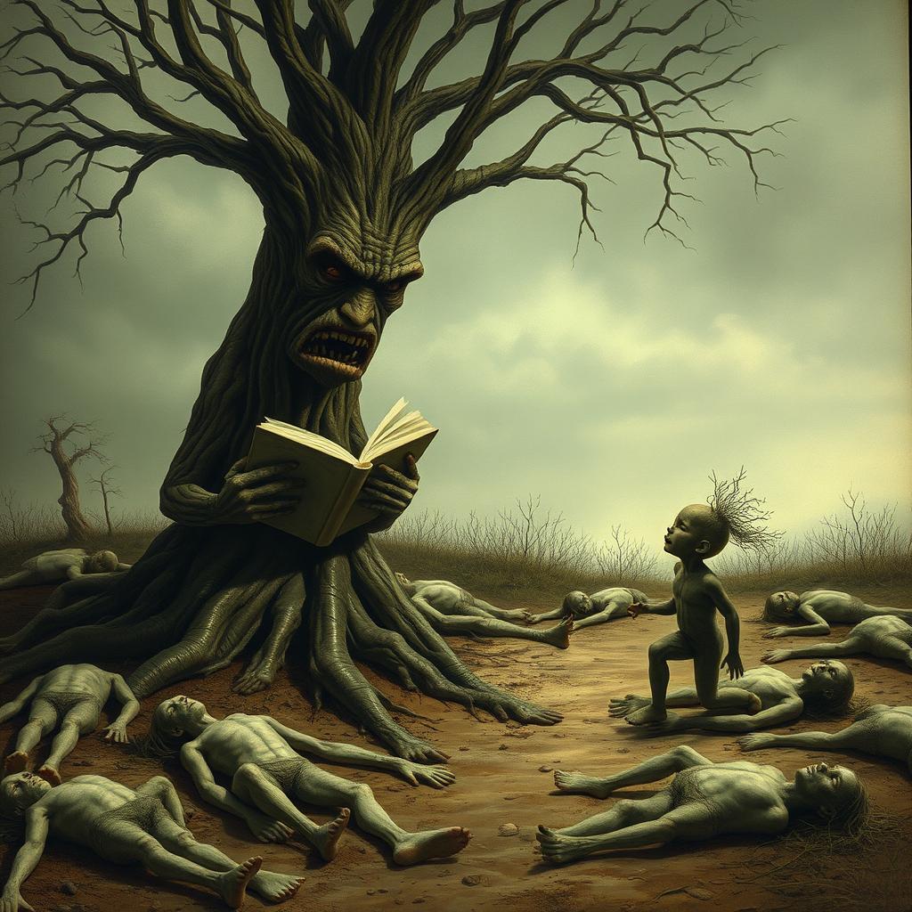 An adult angry tree reading a book, with the young tree son running towards his mother in tears