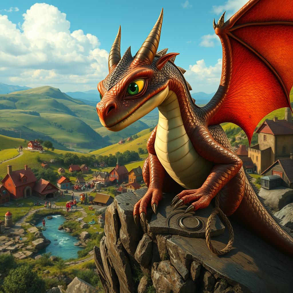 A sad dragon perched on a rocky outcrop overlooking a vibrant village
