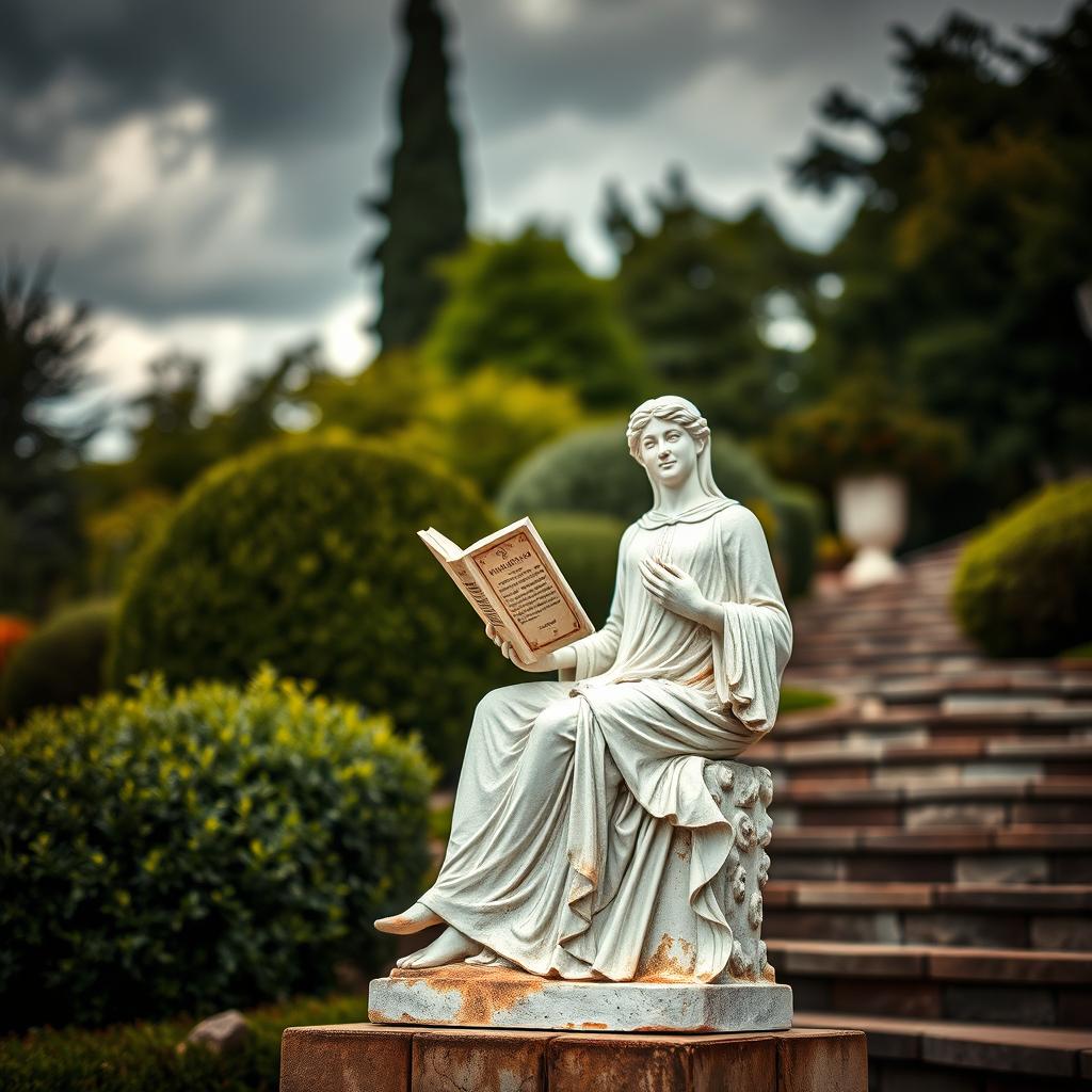 A professional fine art photograph featuring a seated Molana statue elegantly holding a book