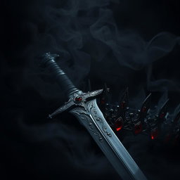 A dramatic dark theme aesthetic artwork showcasing an ornate sword, its blade reflecting a faint sheen amidst swirling black mist
