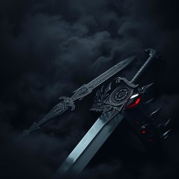 A dramatic dark theme aesthetic artwork showcasing an ornate sword, its blade reflecting a faint sheen amidst swirling black mist