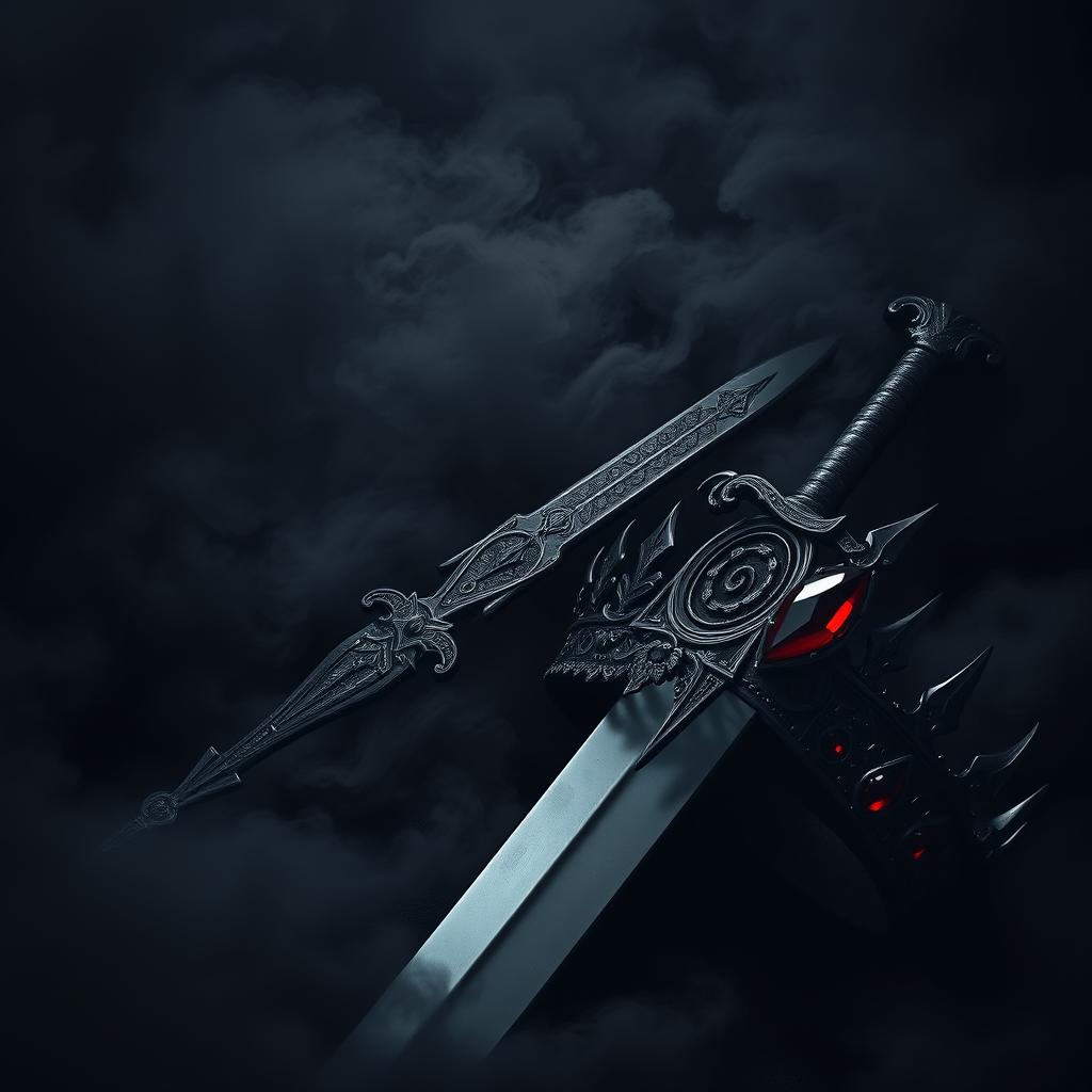 A dramatic dark theme aesthetic artwork showcasing an ornate sword, its blade reflecting a faint sheen amidst swirling black mist