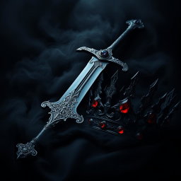 A dramatic dark theme aesthetic artwork showcasing an ornate sword, its blade reflecting a faint sheen amidst swirling black mist