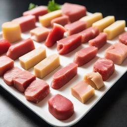 Assorted finger food platter containing mini portions of meat, chicken, and bologna delicacies