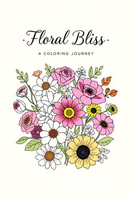 A beautifully designed square cover for a floral design coloring book, featuring a vibrant and intricate arrangement of various flowers such as roses, daisies, tulips, and sunflowers