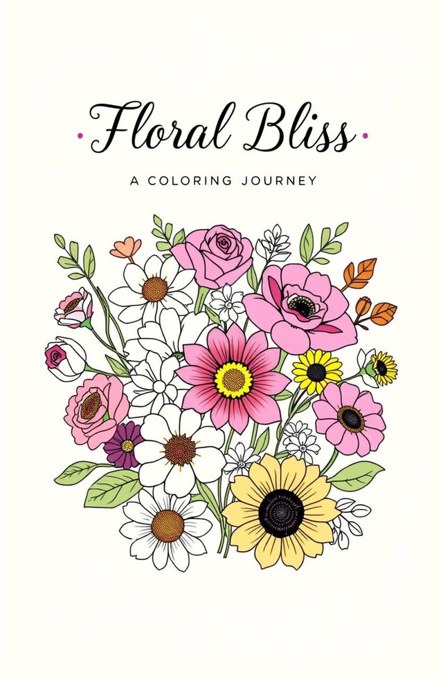 A beautifully designed square cover for a floral design coloring book, featuring a vibrant and intricate arrangement of various flowers such as roses, daisies, tulips, and sunflowers
