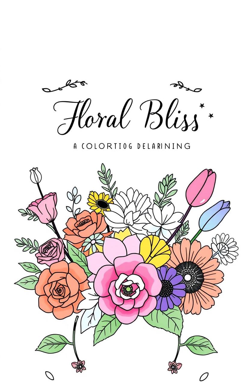 A beautifully designed square cover for a floral design coloring book, featuring a vibrant and intricate arrangement of various flowers such as roses, daisies, tulips, and sunflowers