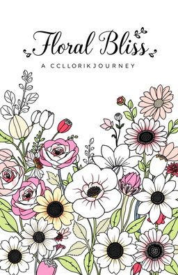 A beautifully designed square cover for a floral design coloring book, featuring a vibrant and intricate arrangement of various flowers such as roses, daisies, tulips, and sunflowers