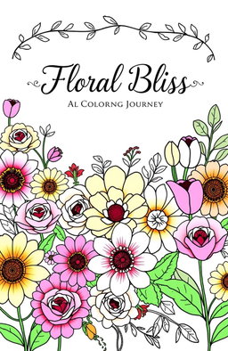 A beautifully designed square cover for a floral design coloring book, featuring a vibrant and intricate arrangement of various flowers such as roses, daisies, tulips, and sunflowers
