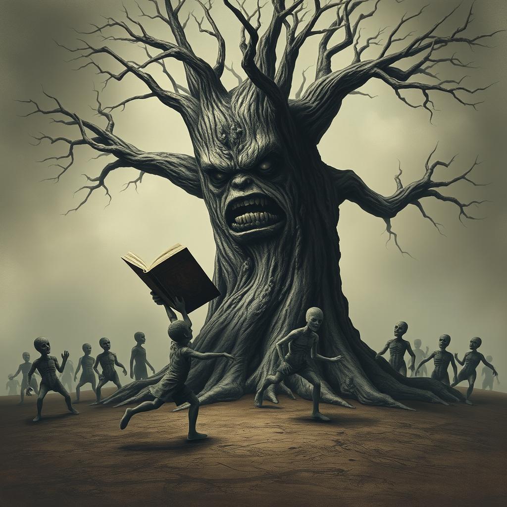 An adult angry tree reading a book, while its young tree son runs towards his mother in tears