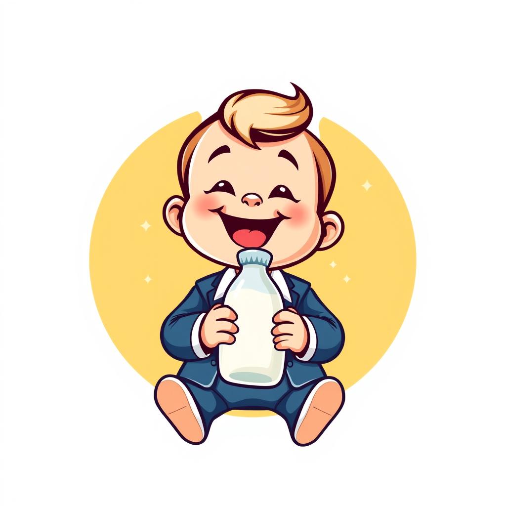 A playful and cheerful logo featuring a happy baby holding a bottle of milk in his hands