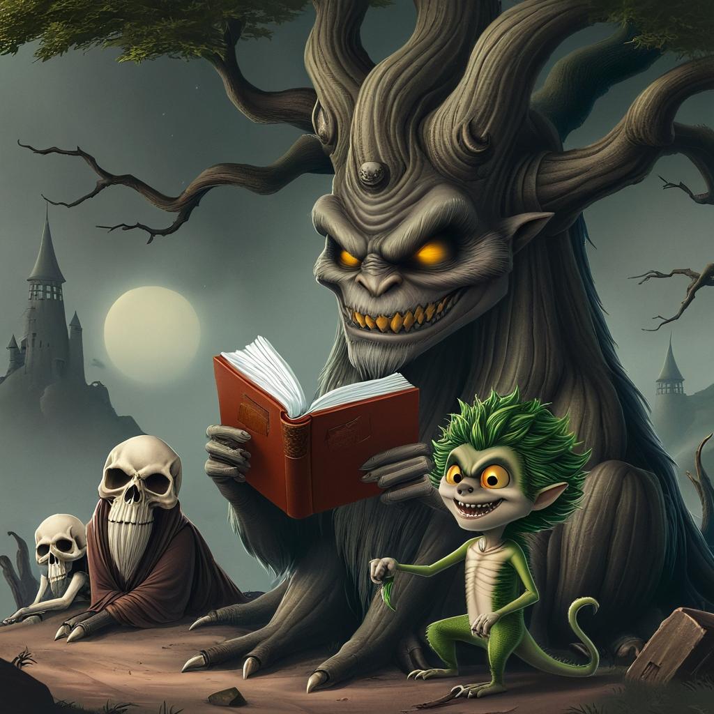 Enchanting Illustration: Book Reading Under a Twisted Tree