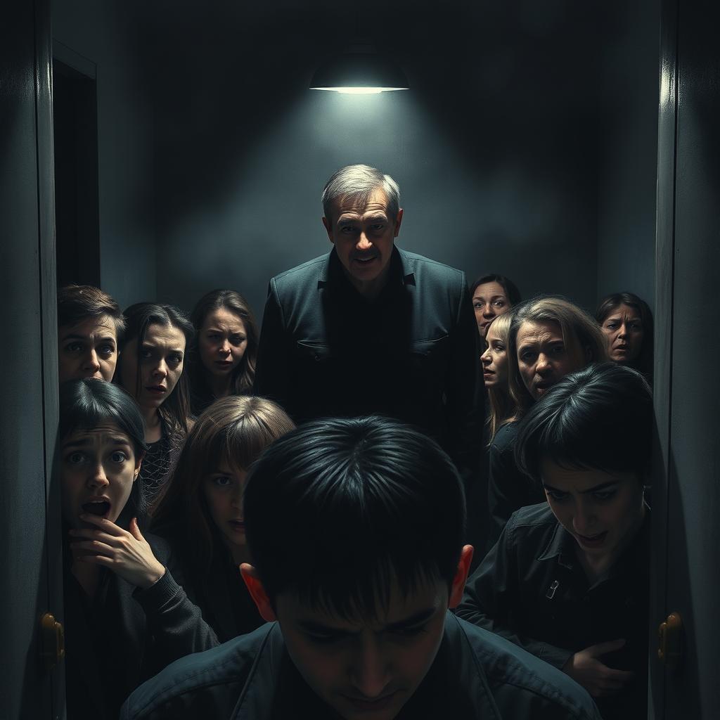 A tense scene depicting a group of people in a dimly lit room, their faces showing expressions of fear and anxiety