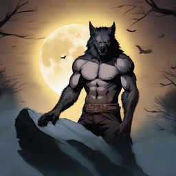 A man on the precipice of transformation into a werewolf, eyes locked onto the glowing moon