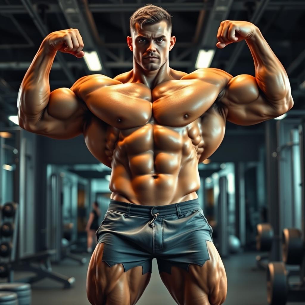 A highly detailed and muscular male body standing in a powerful pose, showcasing well-defined abs, large biceps, and broad shoulders