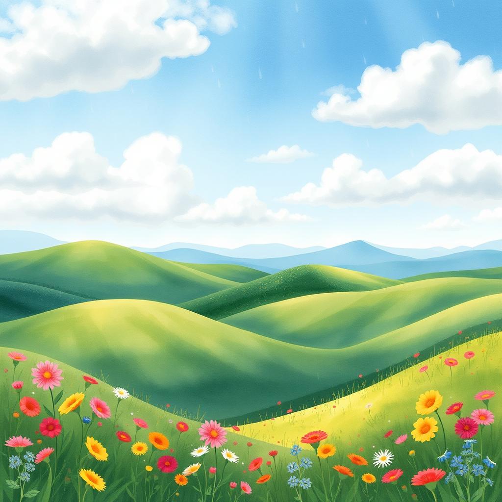 A watercolor-style illustration of a serene and dreamy landscape featuring rolling green hills adorned with vibrant colorful wildflowers