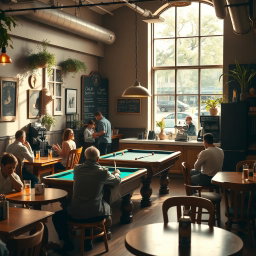 An inviting café scene featuring 'Cafe Billyard', showcasing a cozy interior filled with wooden furniture and warm lighting