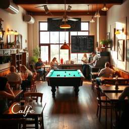 An inviting café scene featuring 'Cafe Billyard', showcasing a cozy interior filled with wooden furniture and warm lighting