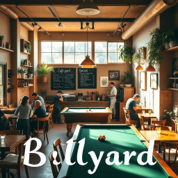 An inviting café scene featuring 'Cafe Billyard', showcasing a cozy interior filled with wooden furniture and warm lighting