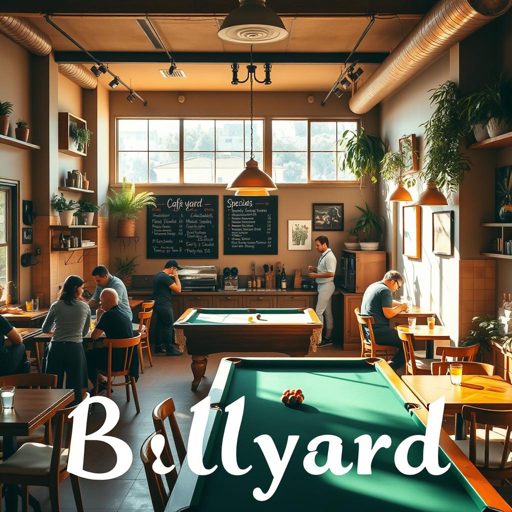 An inviting café scene featuring 'Cafe Billyard', showcasing a cozy interior filled with wooden furniture and warm lighting