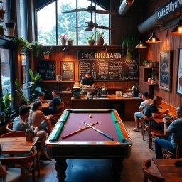 An inviting café scene featuring 'Cafe Billyard', showcasing a cozy interior filled with wooden furniture and warm lighting