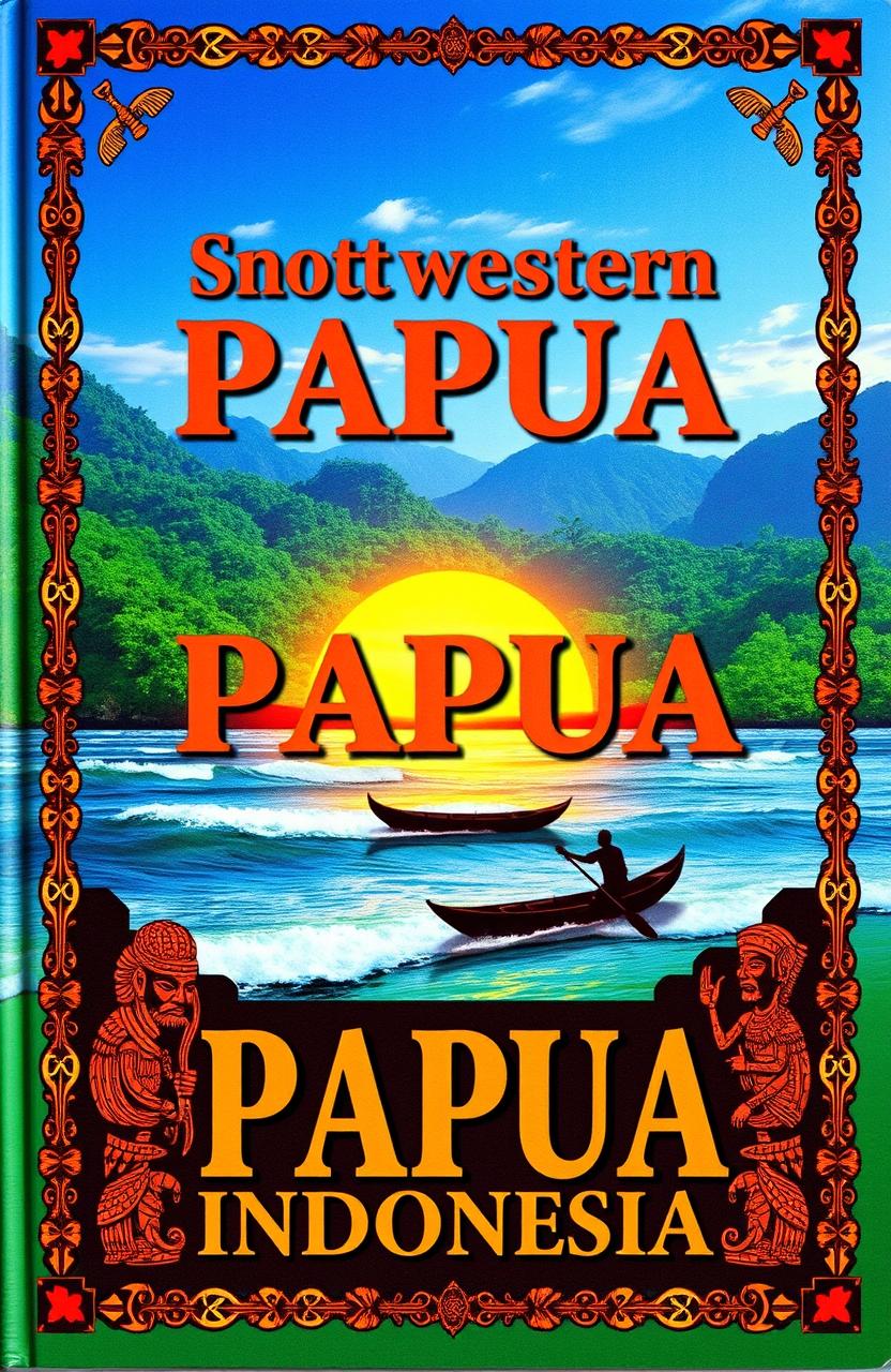 A captivating book cover themed around the Southwestern Papua province of Indonesia, showcasing the lush tropical landscapes and unique cultural elements of the region