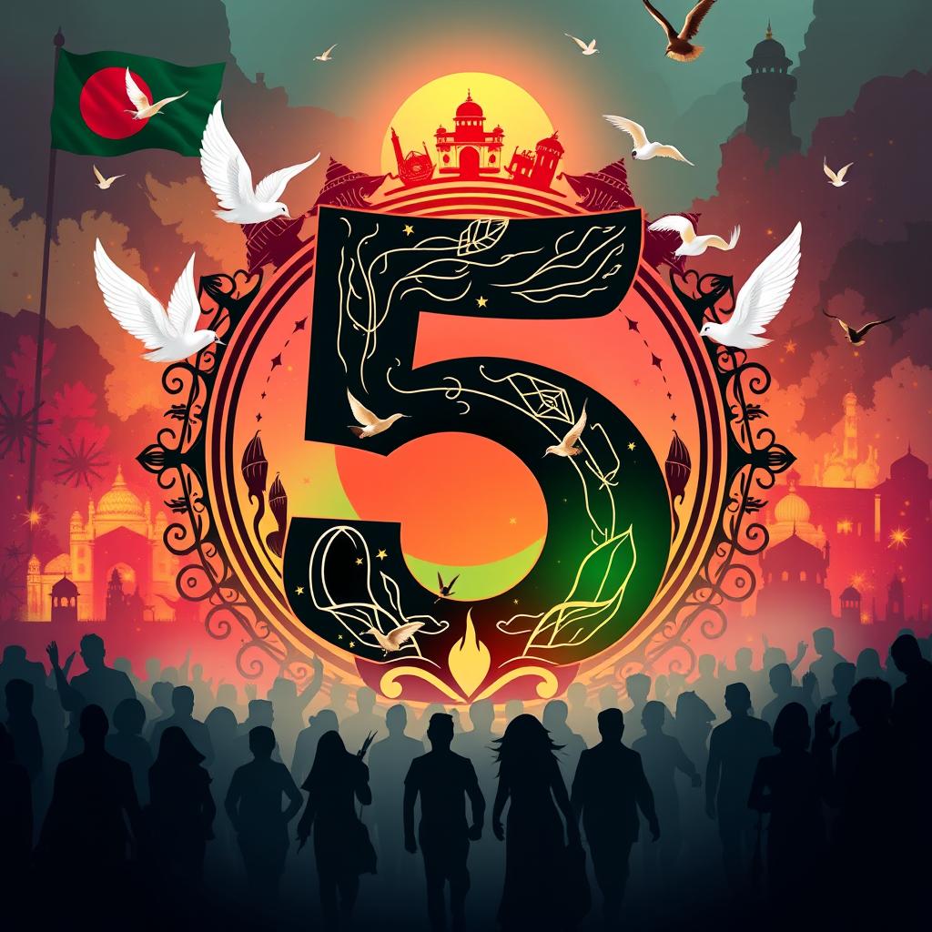 A powerful symbol representing the revolution of the Bangladeshi people, featuring the number '5' designed with elements of traditional Bangladeshi art and motifs