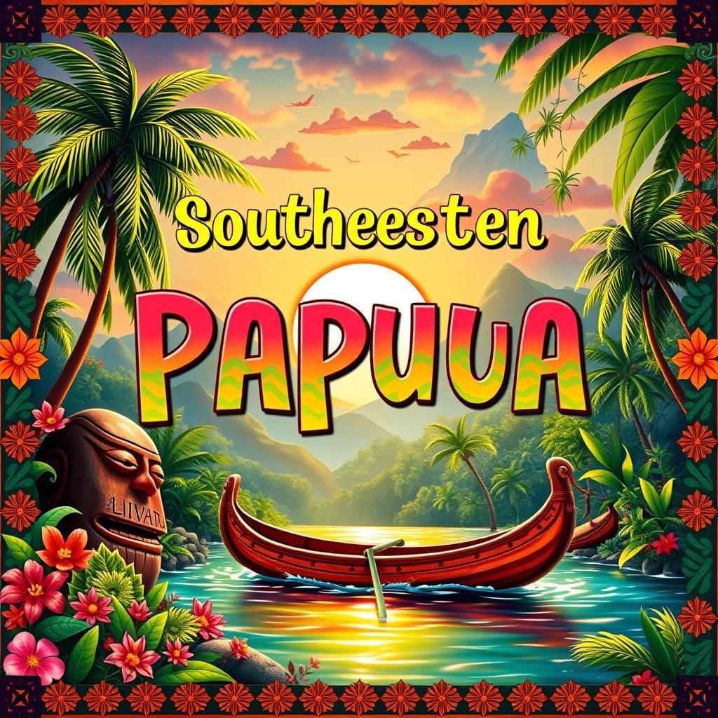 A colorful and dynamic book cover animated in style, themed around the Southwestern Papua province of Indonesia
