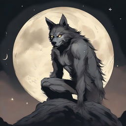 A man on the precipice of transformation into a werewolf, eyes locked onto the glowing moon