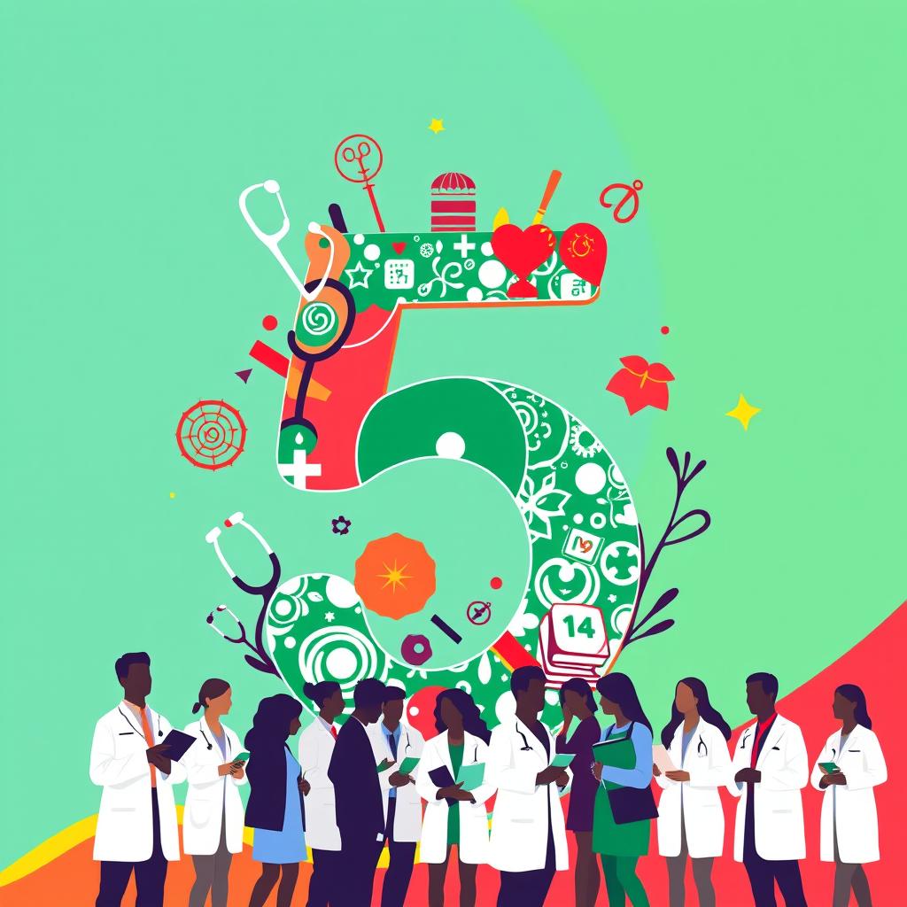 A dynamic and inspiring symbol representing the revolution of Bangladeshi medical students, featuring the number '5' prominently designed with elements reflecting medical education and the spirit of youth