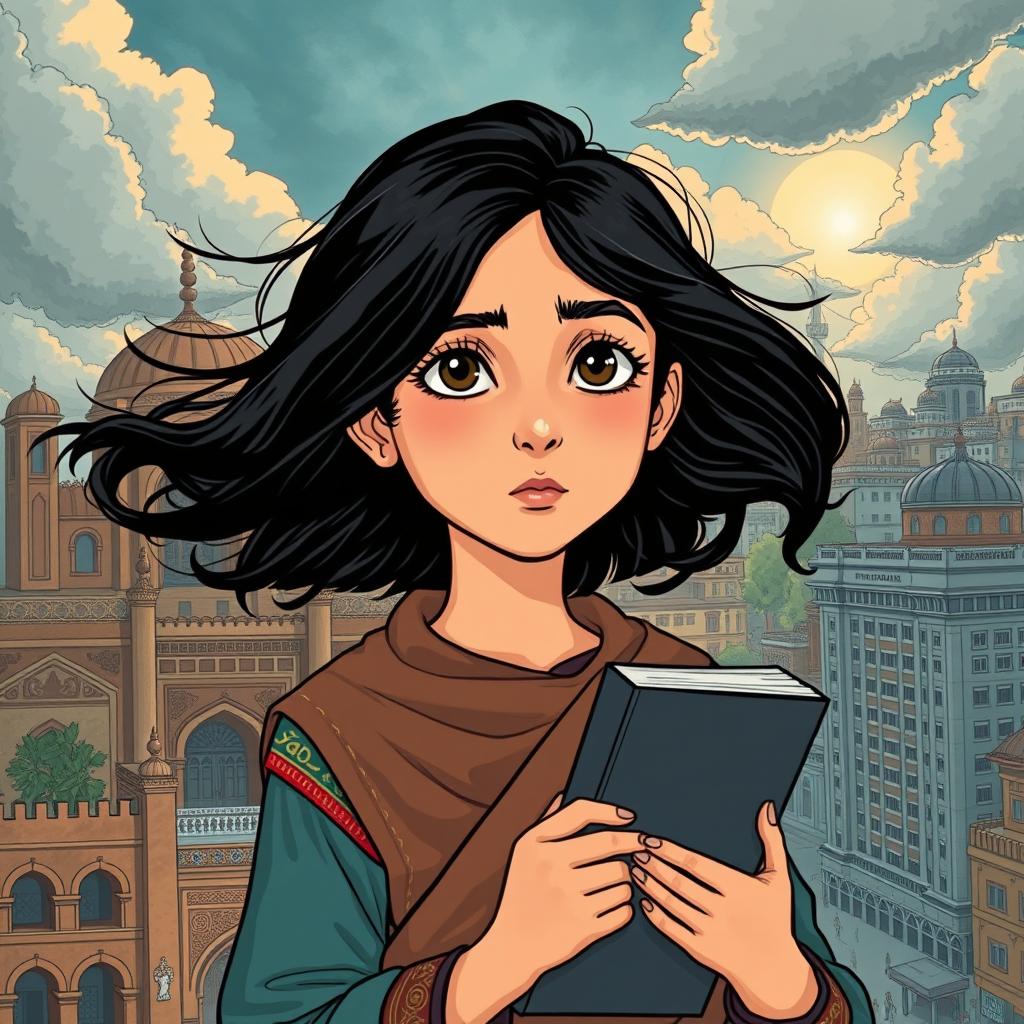 A stunning, detailed illustration inspired by the graphic novel 'Persepolis', depicting a young Iranian girl in traditional attire, surrounded by a backdrop of historical Persian architecture and modern Tehran