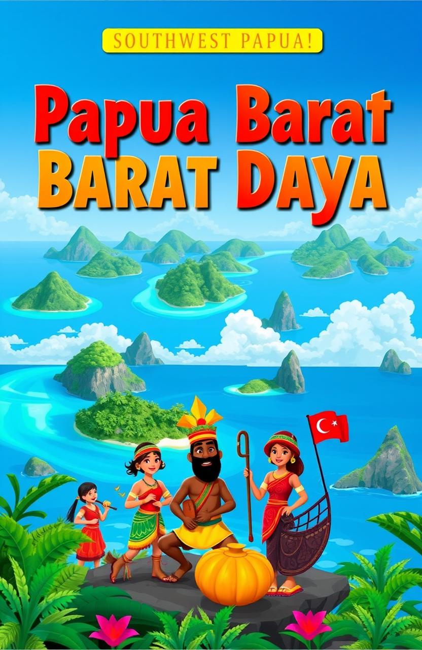 A vibrant book cover themed around the Southwest Papua province, featuring the stunning landscapes of Raja Ampat with its beautiful turquoise waters and lush green islands